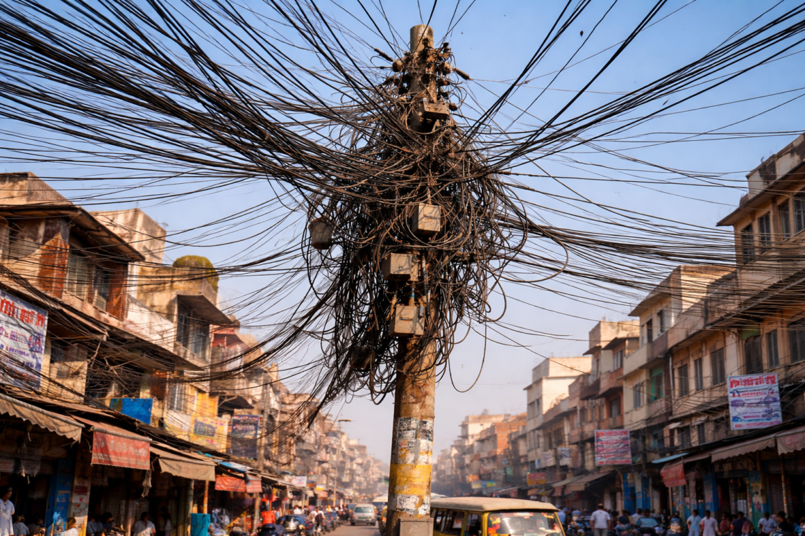 A tangle of overhead electrical wires against a clear blue sky